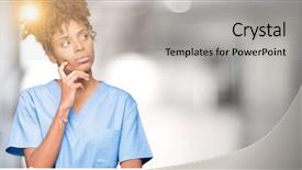  Presentation with doctor african - Colorful PPT theme enhanced with smiling with thoughtful face doubt backdrop and a light gray colored foreground