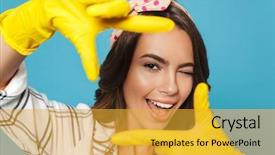  Presentation with rubber gloves - Theme with smiling woman 20s showing rectangle background and a gold colored foreground