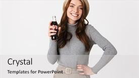  Presentation with soda - Cool new slide deck with smiling woman 30s wear backdrop and a light gray colored foreground