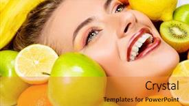 Presentation with healthy juice - Presentation design with smiling woman among fresh frut background and a gold colored foreground