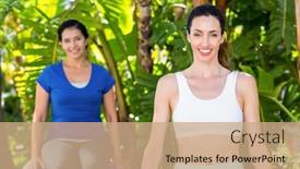  Presentation with trainer - Slide set featuring smiling woman and her trainer looking at camera on a sunny day background and a coral colored foreground