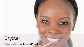  Presentation with blush brushes lip gloss - Beautiful slide set featuring smiling woman applying lip gloss backdrop and a lemonade colored foreground