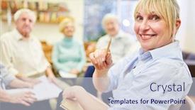  Presentation with group - Beautiful presentation theme featuring smiling-woman-as-a-psychotherapist backdrop and a sky blue colored foreground