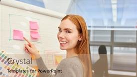  Presentation with organization - Theme having smiling-woman-as-graphic-designer background and a coral colored foreground