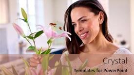  Presentation with flowers vase - PPT theme with smiling-woman-at-home-arranging background and a coral colored foreground