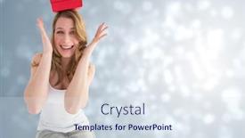  Presentation with shimmering - PPT theme with smiling woman balancing christmas gift on her head against light design shimmering on silver background and a sky blue colored foreground