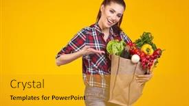 Presentation with bag - Beautiful PPT layouts featuring smiling-woman-carrying-a-bag backdrop and a gold colored foreground