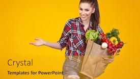  Presentation with bag - PPT theme featuring smiling-woman-carrying-a-bag background and a gold colored foreground