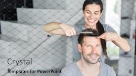  Presentation with hair - PPT theme enhanced with smiling-woman-cuts-her-husband background and a light gray colored foreground