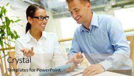  Presentation with modern - Colorful theme enhanced with smiling woman demonstrating the advantages backdrop and a soft green colored foreground