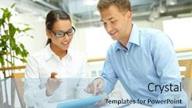  Presentation with advantage - Audience pleasing PPT theme consisting of smiling woman demonstrating the advantages backdrop and a light blue colored foreground