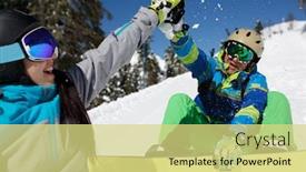  Presentation with snowboard - PPT theme enhanced with smiling woman doing handshake with happy man with snowboard sitting on hillside background and a yellow colored foreground
