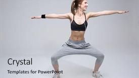  Presentation with happy smiling woman dental health - Amazing theme having smiling woman doing stretching excersises backdrop and a light gray colored foreground