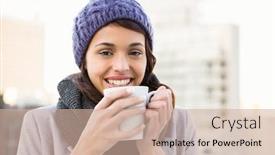  Presentation with beverage - Amazing PPT theme having smiling woman drinking hot beverage outdoor backdrop and a soft green colored foreground
