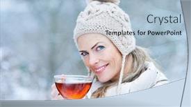  Presentation with black tea - Amazing PPT layouts having smiling-woman-drinks-a-cup backdrop and a light blue colored foreground