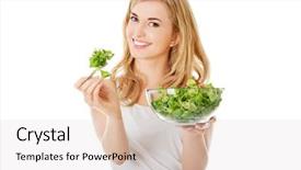  Presentation with children and healthy eating - Audience pleasing PPT theme consisting of smiling woman eating healthy salat backdrop and a lemonade colored foreground