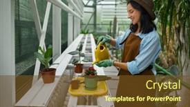  Presentation with botanical - PPT layouts consisting of smiling-woman-gardener-working background and a tawny brown colored foreground