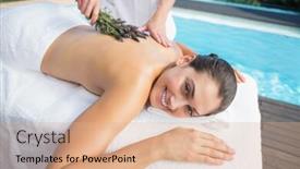  Presentation with aromatherapy - Presentation theme enhanced with smiling woman getting an aromatherapy treatment poolside outside at the spa background and a coral colored foreground