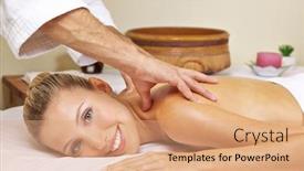  Presentation with health - Amazing slides having smiling-woman-getting-back-massage backdrop and a coral colored foreground