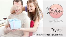  Presentation with giving - PPT theme with smiling woman giving a present to her boyfriend against love birds background and a lemonade colored foreground