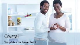  Presentation with baby shoes - Beautiful slide deck featuring smiling woman giving baby shoes backdrop and a light blue colored foreground