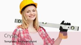  Presentation with spirit - Slides having smiling woman holding a spirit level against white background background and a coral colored foreground