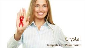  Presentation with hiv ribbon - Theme with smiling woman holding an aids background and a sky blue colored foreground