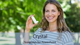  Presentation with asthma - Colorful presentation design enhanced with smiling woman holding asthma inhaler backdrop and a light blue colored foreground