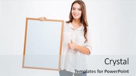  Presentation with blank - Colorful slide set enhanced with smiling woman holding blank board backdrop and a sky blue colored foreground