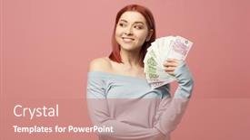  Presentation with holding hands - Slide set featuring smiling-woman-holding-euro-banknotes background and a coral colored foreground