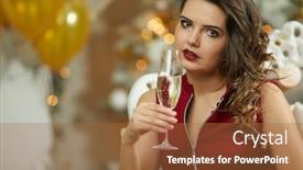  Presentation with sparkling wine - Cool new presentation theme with smiling woman holding glass of sparkling wine stock photo backdrop and a red colored foreground