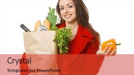  Presentation with grocery bag - Audience pleasing PPT theme consisting of smiling woman holding grocery bag backdrop and a red colored foreground
