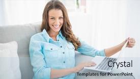  Presentation with living room - Amazing PPT theme having smiling woman holding laptop sitting on couch in bright living room backdrop and a light blue colored foreground