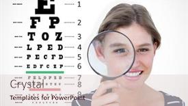  Presentation with eye glass - Cool new PPT theme with smiling woman holding magnifying glass against eye test backdrop and a lemonade colored foreground
