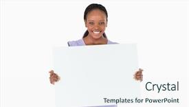  Presentation with holding hands - Beautiful presentation design featuring smiling woman holding placeholder backdrop and a sky blue colored foreground