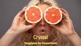  Presentation with two people holding hands - Beautiful presentation theme featuring smiling woman holding two grapefruits backdrop and a tawny brown colored foreground