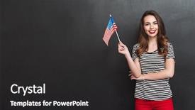  Presentation with usa flag - PPT theme featuring smiling woman holding usa flag and looking at the camera over black background background and a dark gray colored foreground