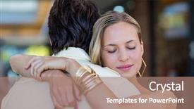  Presentation with mall - Colorful PPT layouts enhanced with smiling woman hugging her boyfriend with eyes closed at shopping mall backdrop and a coral colored foreground