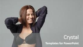  Presentation with woman praying over bible - PPT theme enhanced with smiling woman in bra posing background and a gray colored foreground