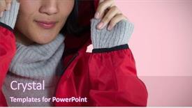  Presentation with five business people standing together and smiling - Amazing PPT layouts having smiling woman in hooded jacket backdrop and a crimson colored foreground