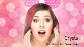  Presentation with mickey mouse - PPT layouts with smiling woman in mickey mouse background and a coral colored foreground