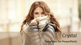  Presentation with puffer - Cool new slides with smiling woman in puffer jacket backdrop and a coral colored foreground