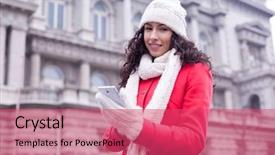  Presentation with weather - Colorful presentation design enhanced with smiling woman in red coat and and wool cap and gloves read messages on smart phone and smiling urban space cold weather backdrop and a red colored foreground