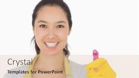  Presentation with rubber gloves - Amazing slides having smiling woman in rubber gloves with spray bottle backdrop and a coral colored foreground