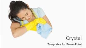  Presentation with rubber gloves - PPT theme consisting of smiling woman in rubber gloves and apron looking at white surface holding rag background and a white colored foreground