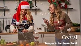  Presentation with christmas food - PPT layouts featuring smiling-woman-in-santa-hat background and a tawny brown colored foreground