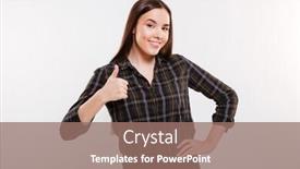  Presentation with hip - Presentation theme enhanced with smiling woman in shirt showing thumb up with arm at hip and looking at camera isolated gray background background and a coral colored foreground