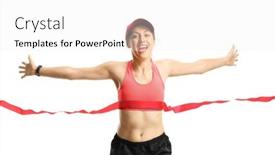  Presentation with finish line - Cool new slide deck with smiling-woman-in-sportswear-running backdrop and a white colored foreground