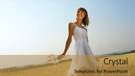  Presentation with walking - Colorful slides enhanced with smiling woman in white dress backdrop and a gold colored foreground