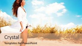  Presentation with old big bike on white - Presentation design featuring smiling woman in white dress background and a coral colored foreground